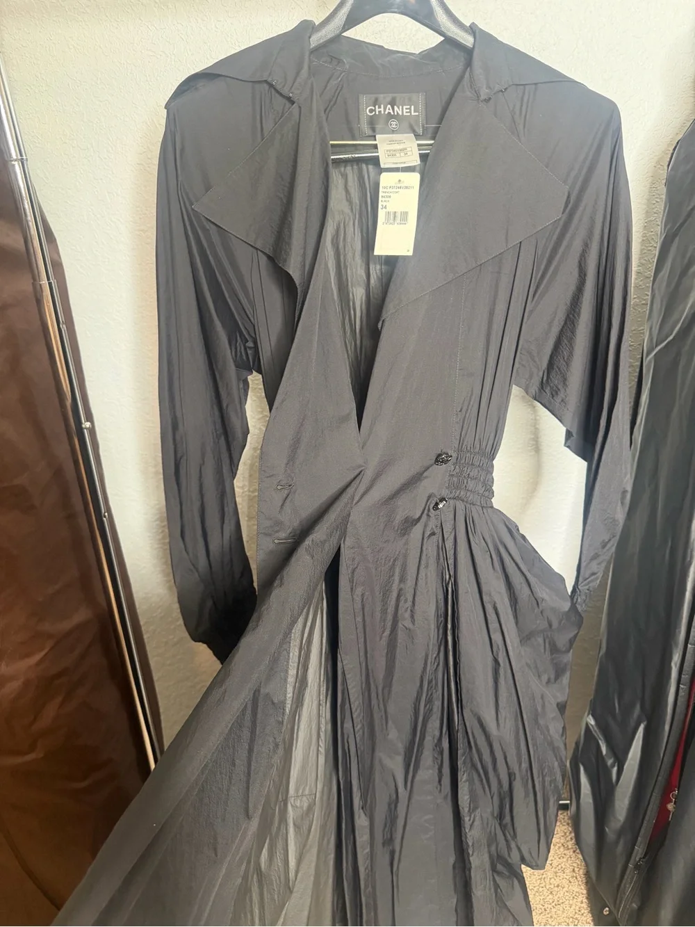 CHANEL Black Long Sleeve Nylon Oversize Trench- Coat Style Dress